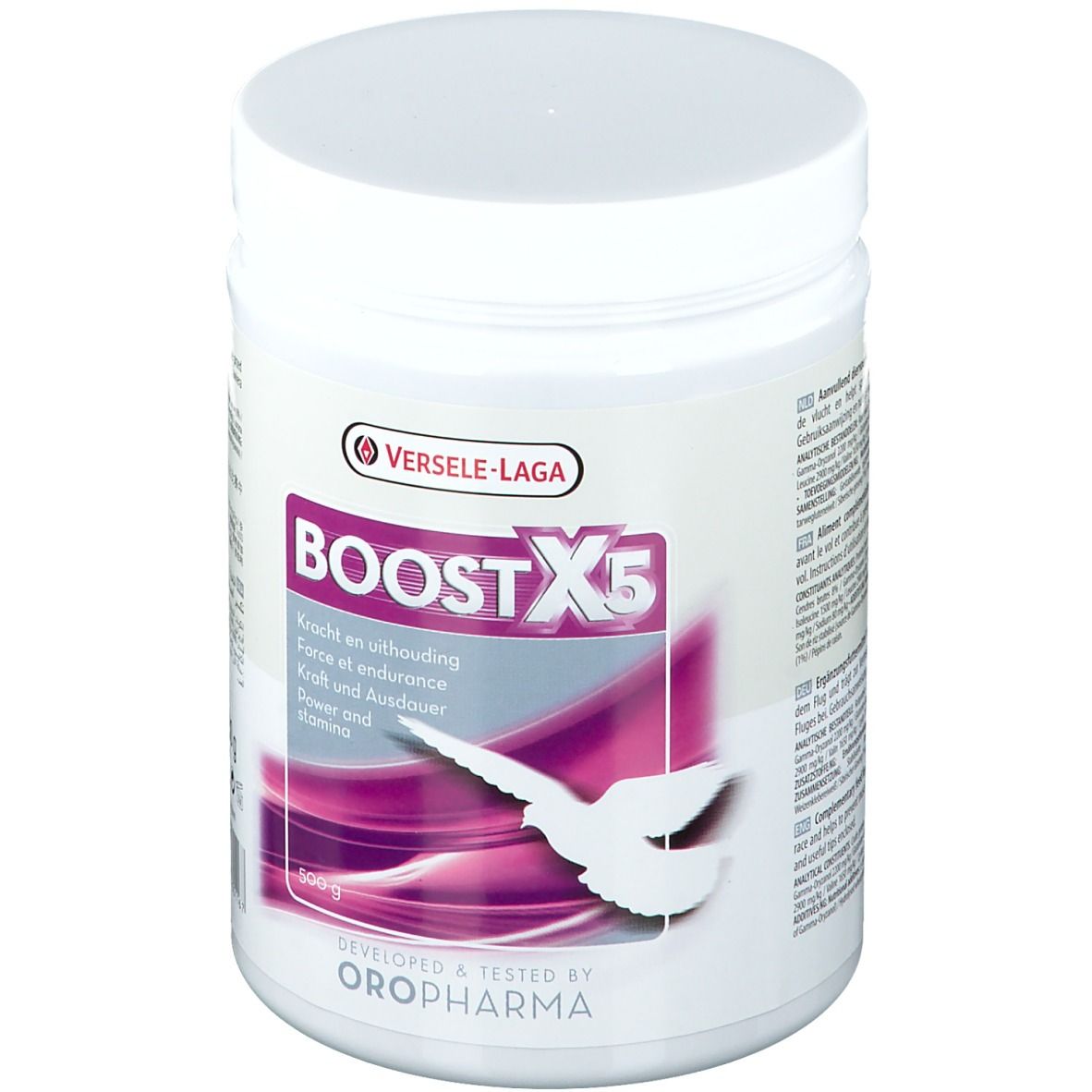 Contenant cylindrique blanc avec couvercle. Inscription BOOST X5, logo, texte multilingue. 500g.