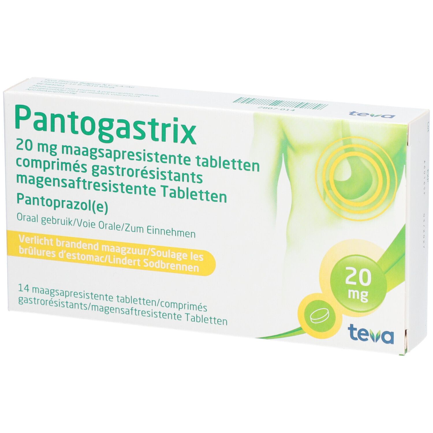 Boîte de Pantogastrix 20mg. Emballage vert et blanc avec nom du produit et logo Teva. Illustration du haut du corps humain.