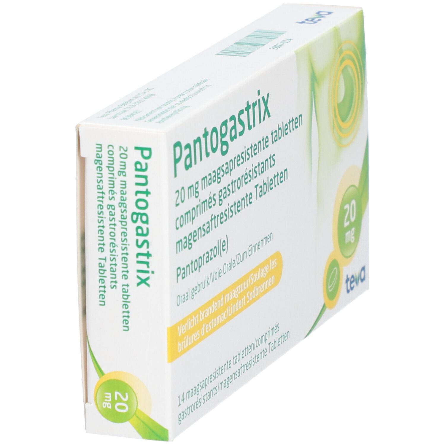 Boîte de Pantogastrix 20mg. Emballage vert et blanc avec nom du produit et logo Teva. Vue en biais.