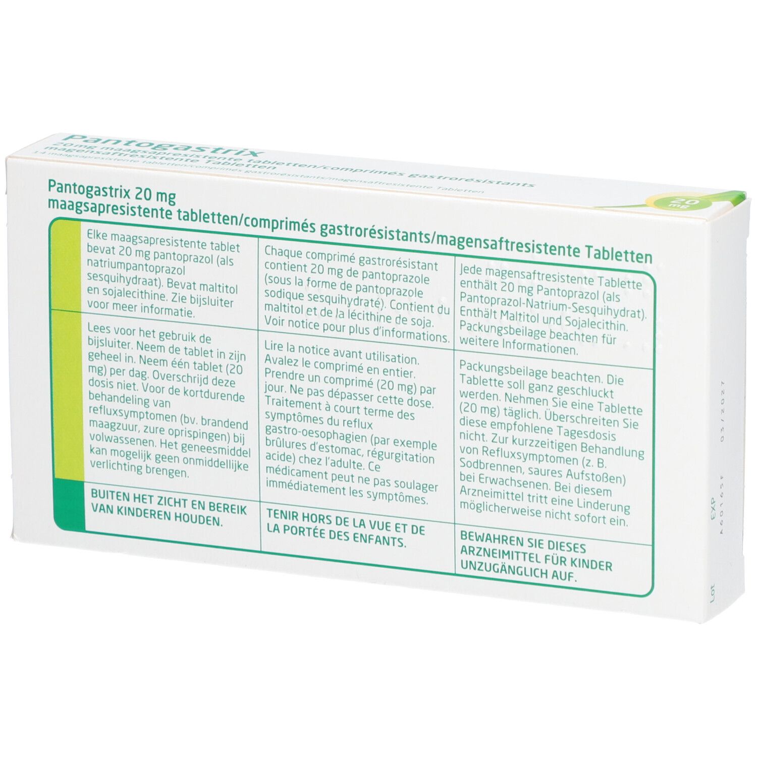Dos de la boîte de Pantogastrix 20mg. Texte multilingue. Avertissements et informations du fabricant.