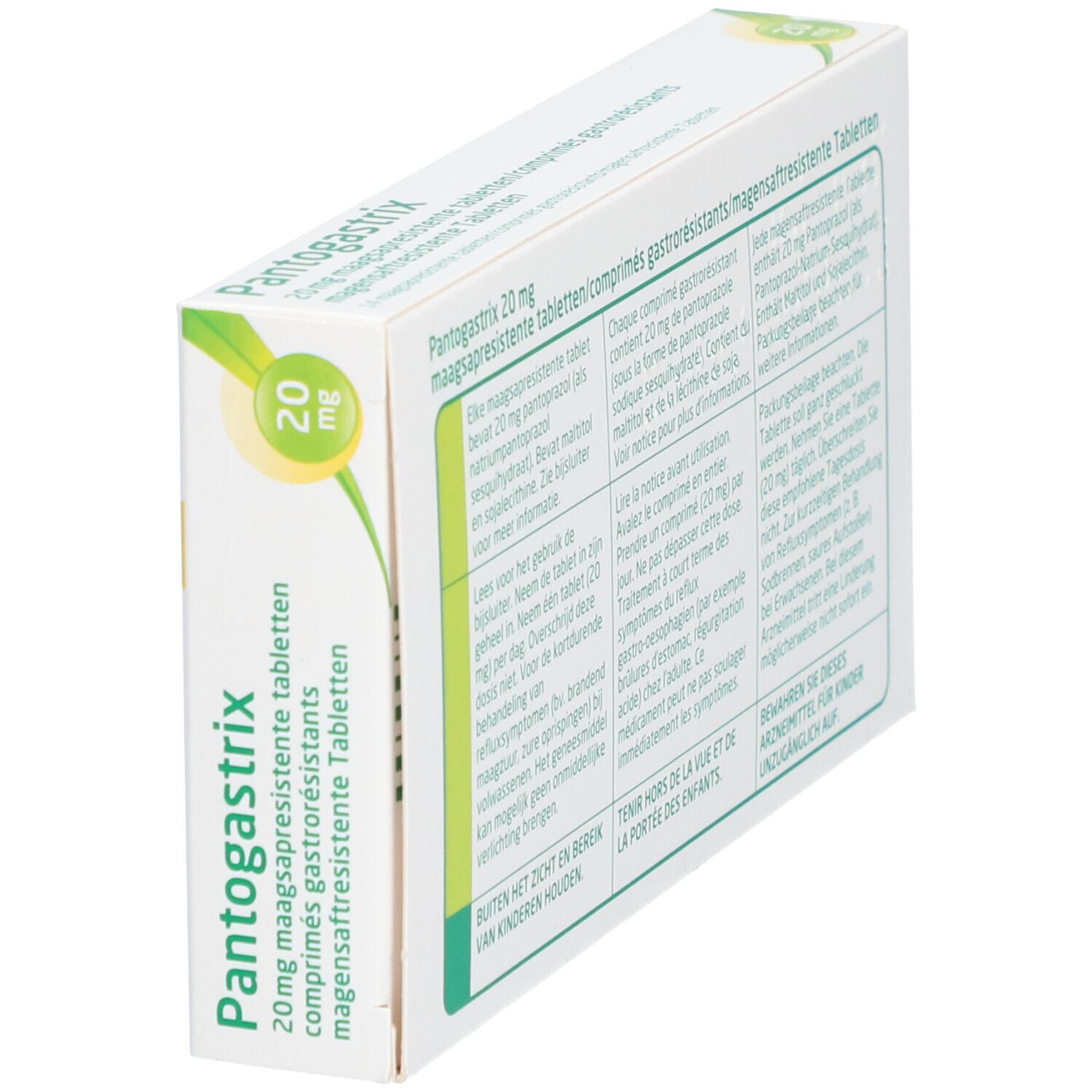 Boîte de Pantogastrix 20mg. Emballage vert et blanc avec nom du produit et logo Teva. Vue oblique du dos.