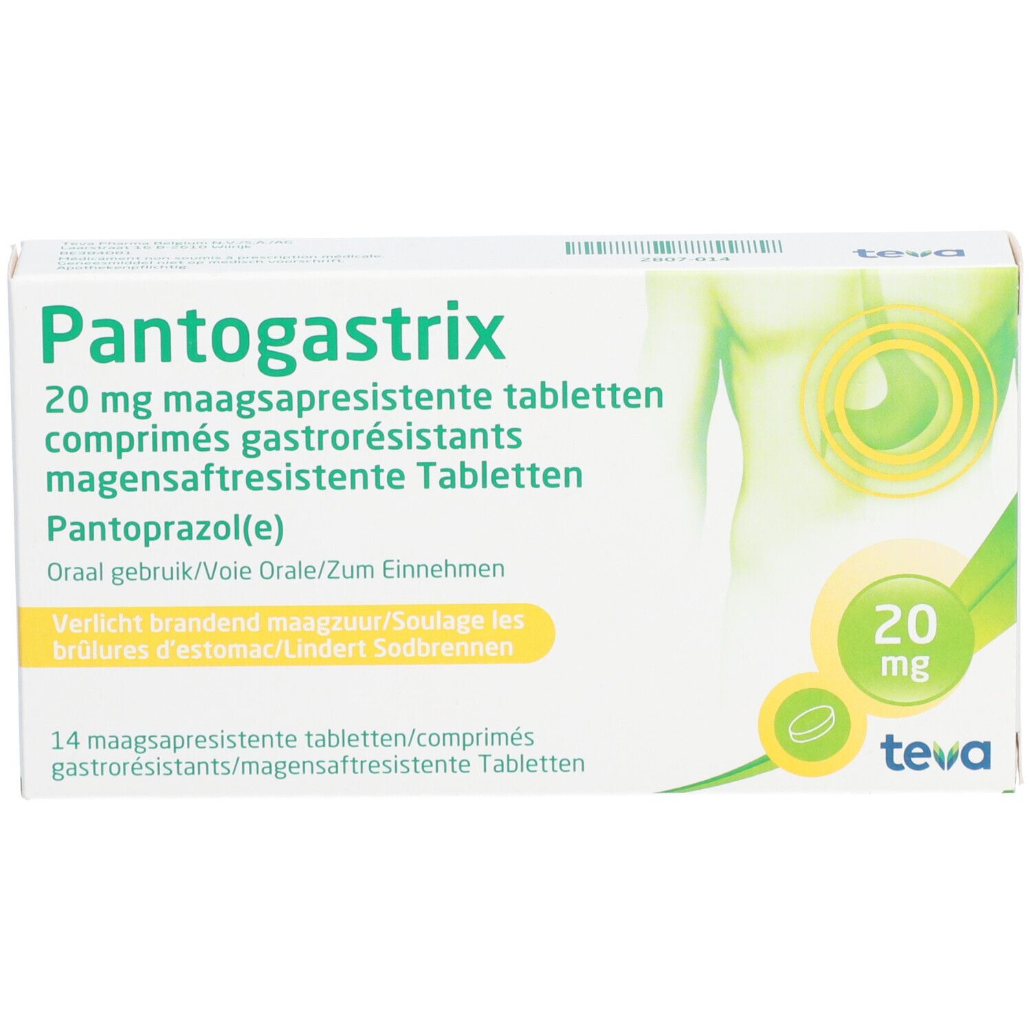 Boîte de Pantogastrix 20mg. Emballage vert et blanc avec nom du produit et logo Teva. Illustration du haut du corps humain.