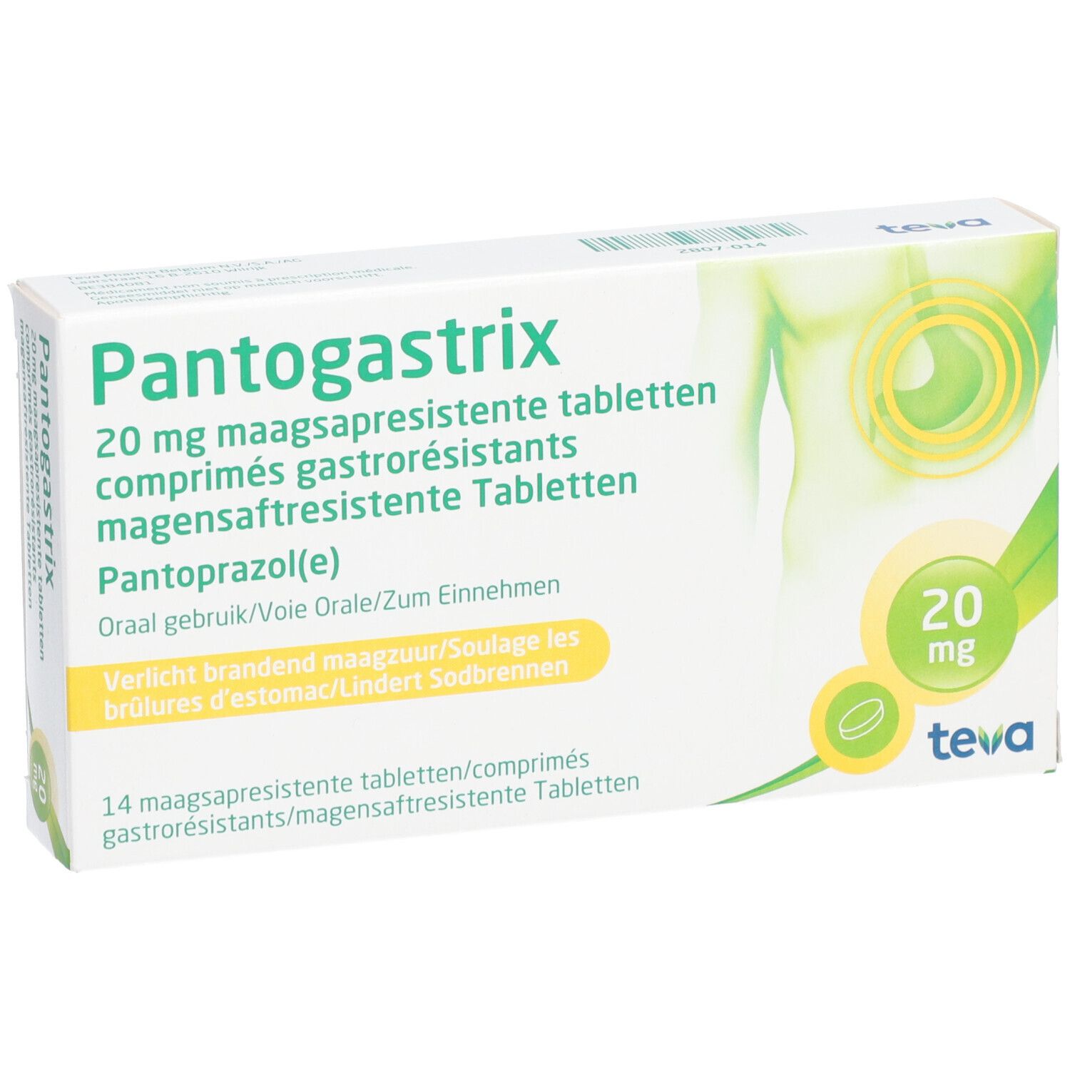 Boîte de Pantogastrix 20mg. Emballage vert et blanc avec nom du produit et logo Teva. Illustration du haut du corps humain.