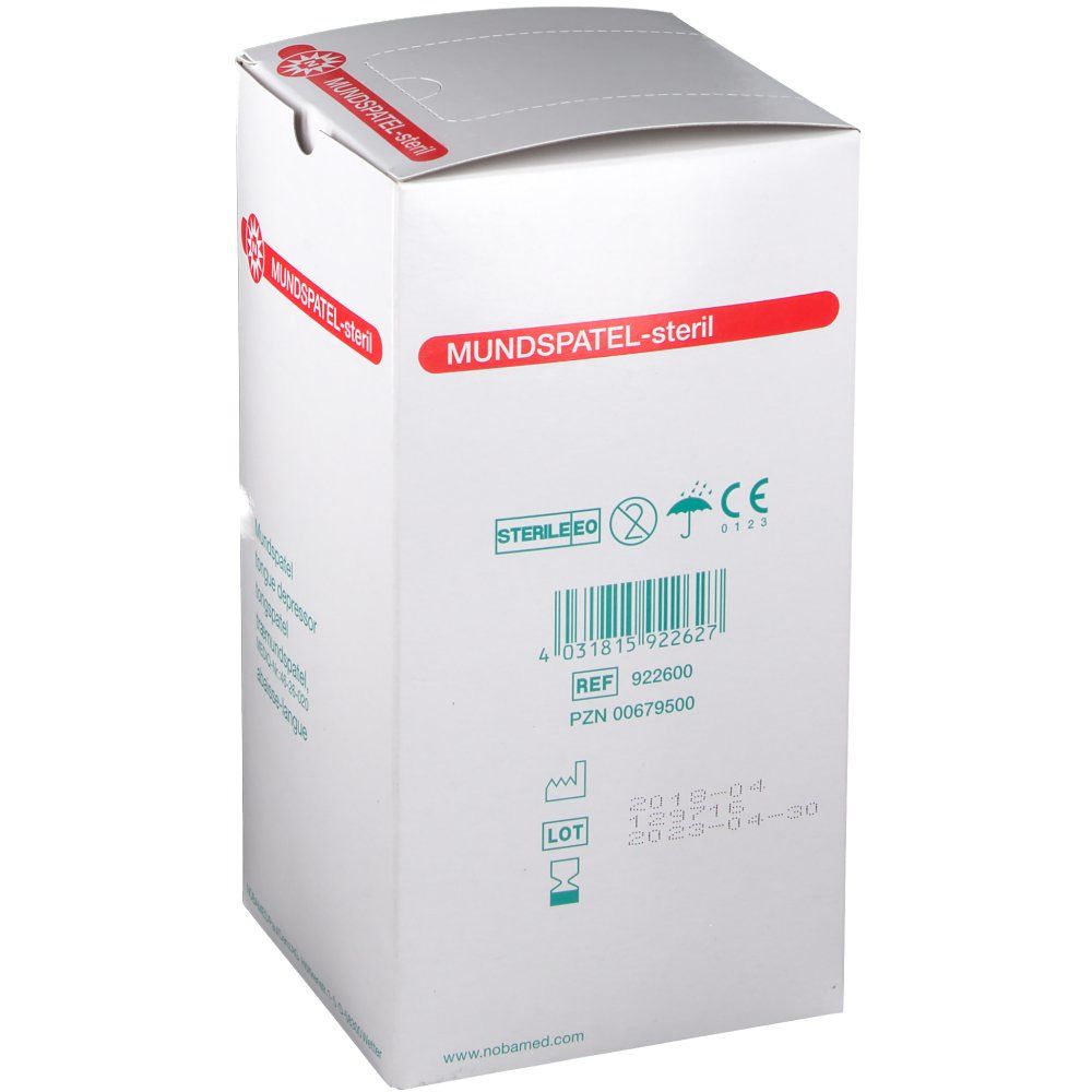 Weiße Kartonverpackung mit roter Beschriftung "Mundspatel-steril". Rückseite mit Barcode, CE-Kennzeichnung und Verfallsdatum. Steril.