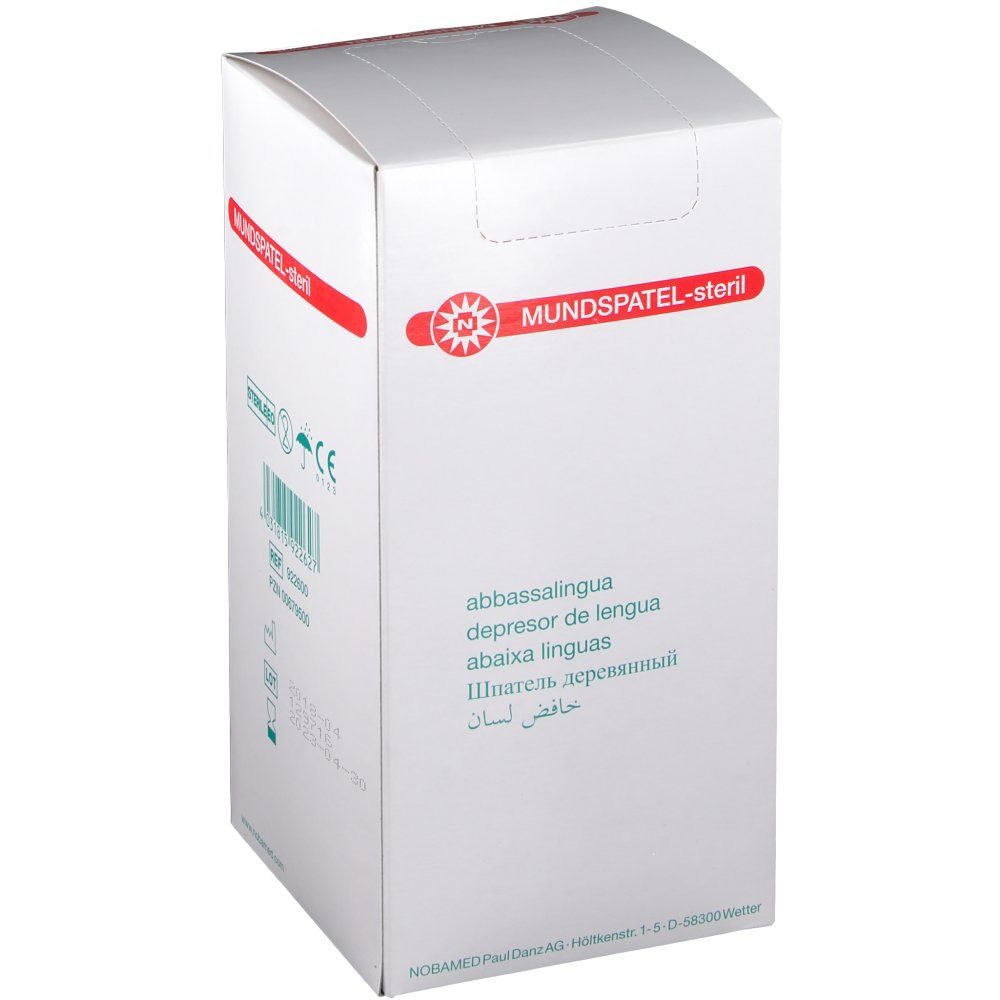 Weiße Kartonverpackung mit roter Beschriftung "Mundspatel-steril". Mehrsprachige Beschriftung, darunter Deutsch, Englisch, Französisch und Russisch.