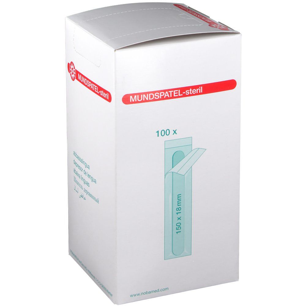 Weiße Kartonverpackung mit roter Beschriftung "Mundspatel-steril". Zeigt einen einzeln verpackten Mundspatel (150 x 18 mm). Packung enthält 100 Stück.