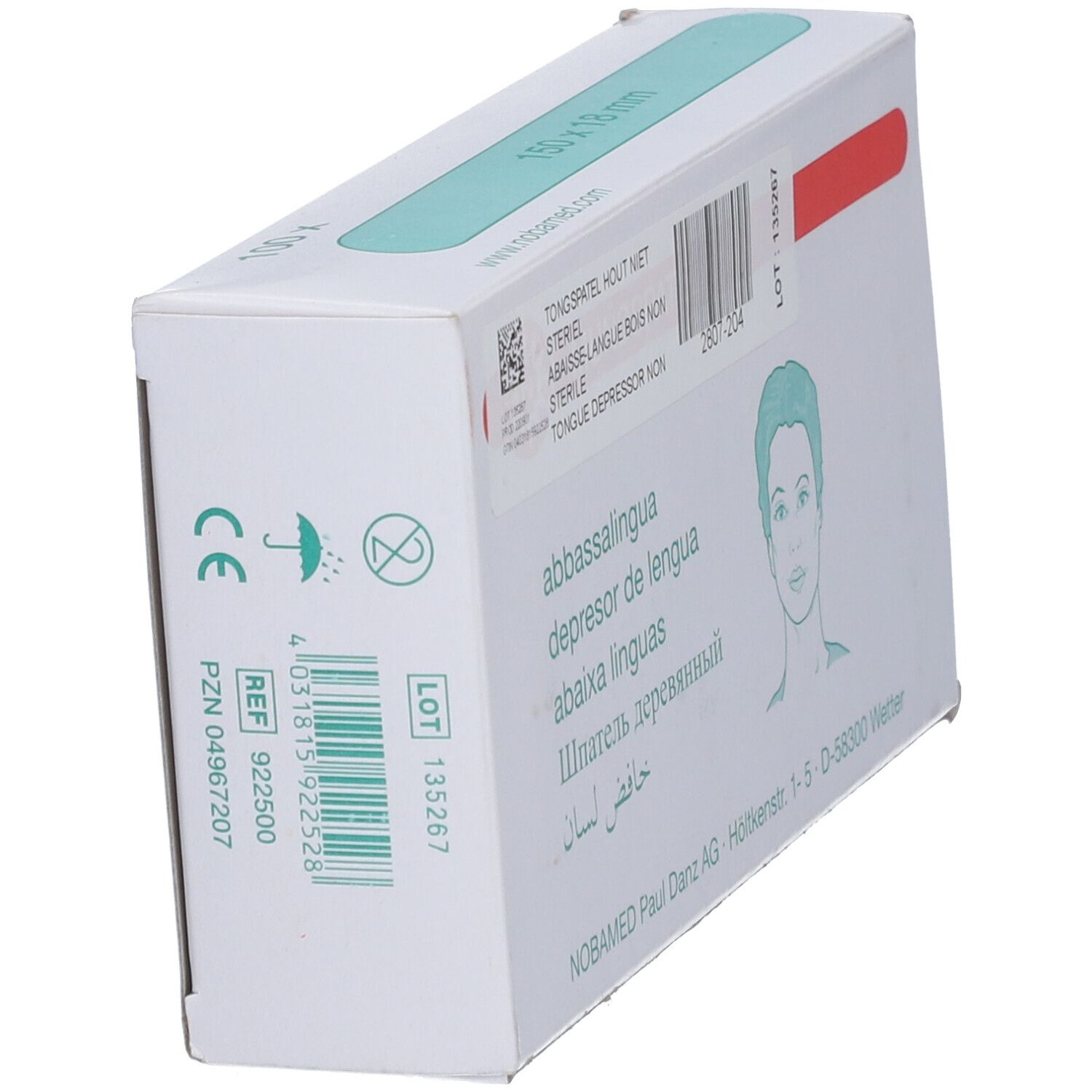 Karton mit Mundspateln. Aufschrift: Tongspatel hout niet steriel. Logo und Gesichtsskizze. Barcode und CE-Zeichen. Hersteller: NOBAMED.