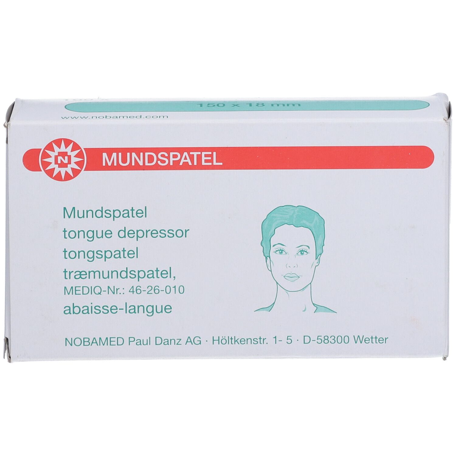 Karton mit Mundspateln. Aufschrift: Mundspatel, 150 x 18 mm. Logo und Gesichtsskizze. Hersteller: NOBAMED.