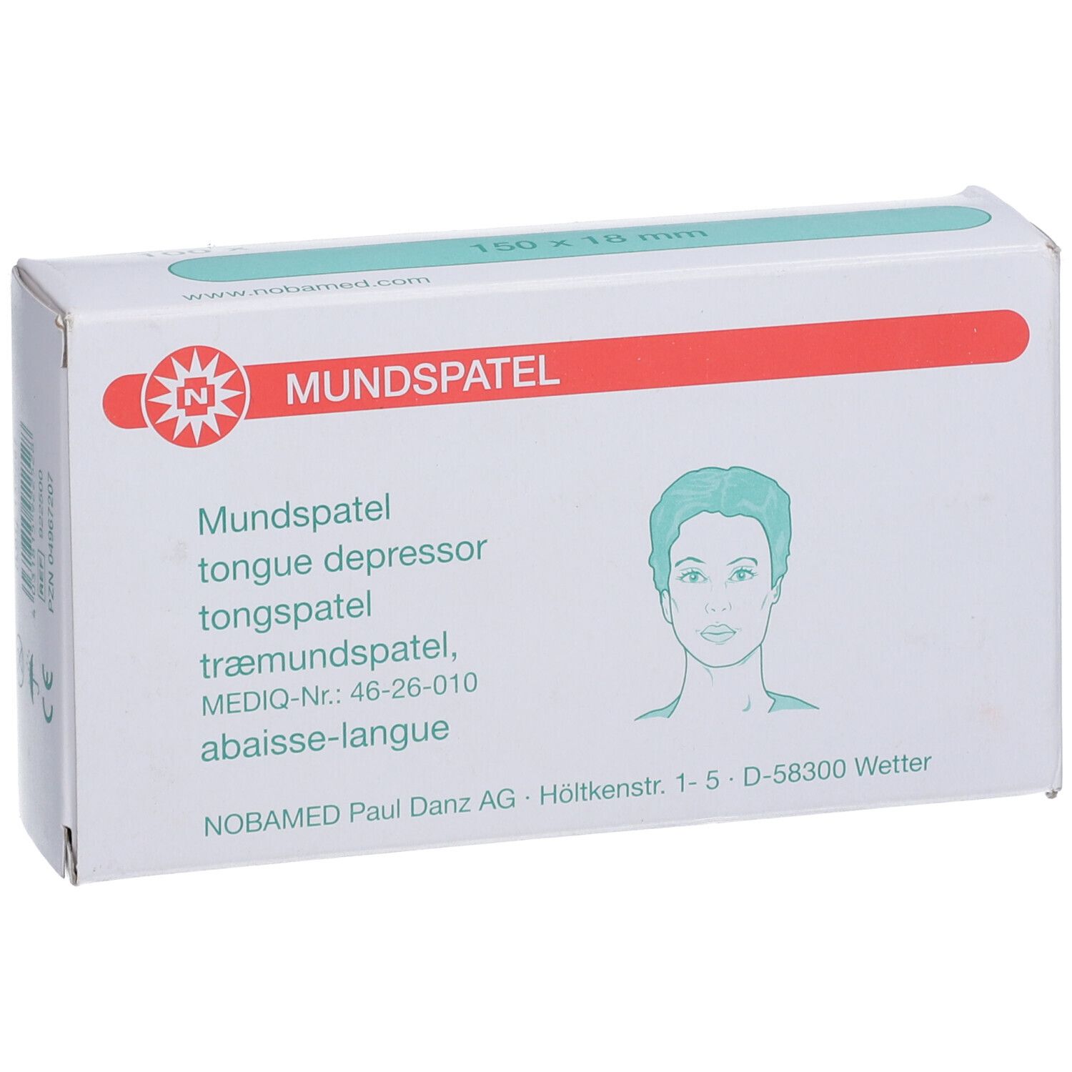 Karton mit Mundspateln. Aufschrift: Mundspatel, 150 x 18 mm. Logo und Gesichtsskizze. Hersteller: NOBAMED.
