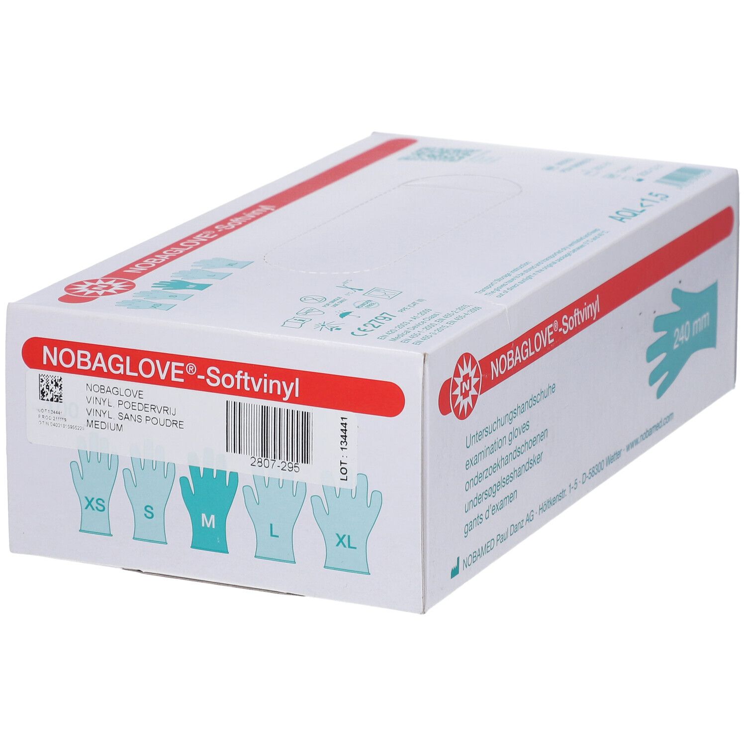 NOBAGLOVE Softvinyl Handschuhe, Größe M, in Packung mit Größen XS-XL.