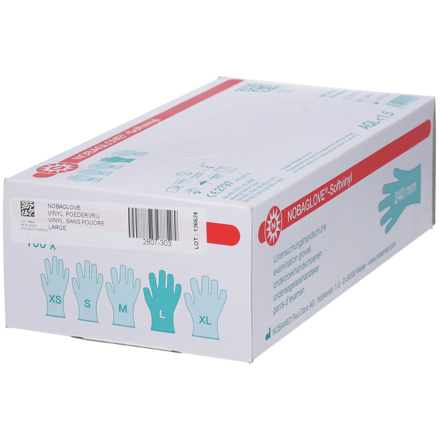 Karton NOBAGLOVE®-Softvinyl, Vinyl ohne Puder, Gr. L. Handschuh-Größen-Diagramm. AQL 1,5.