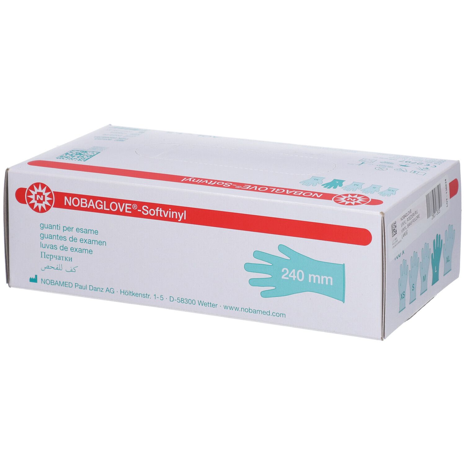 Karton NOBAGLOVE®-Softvinyl Untersuchungshandschuhe. Handschuh-Umriss, 240 mm. AQL 1,5.