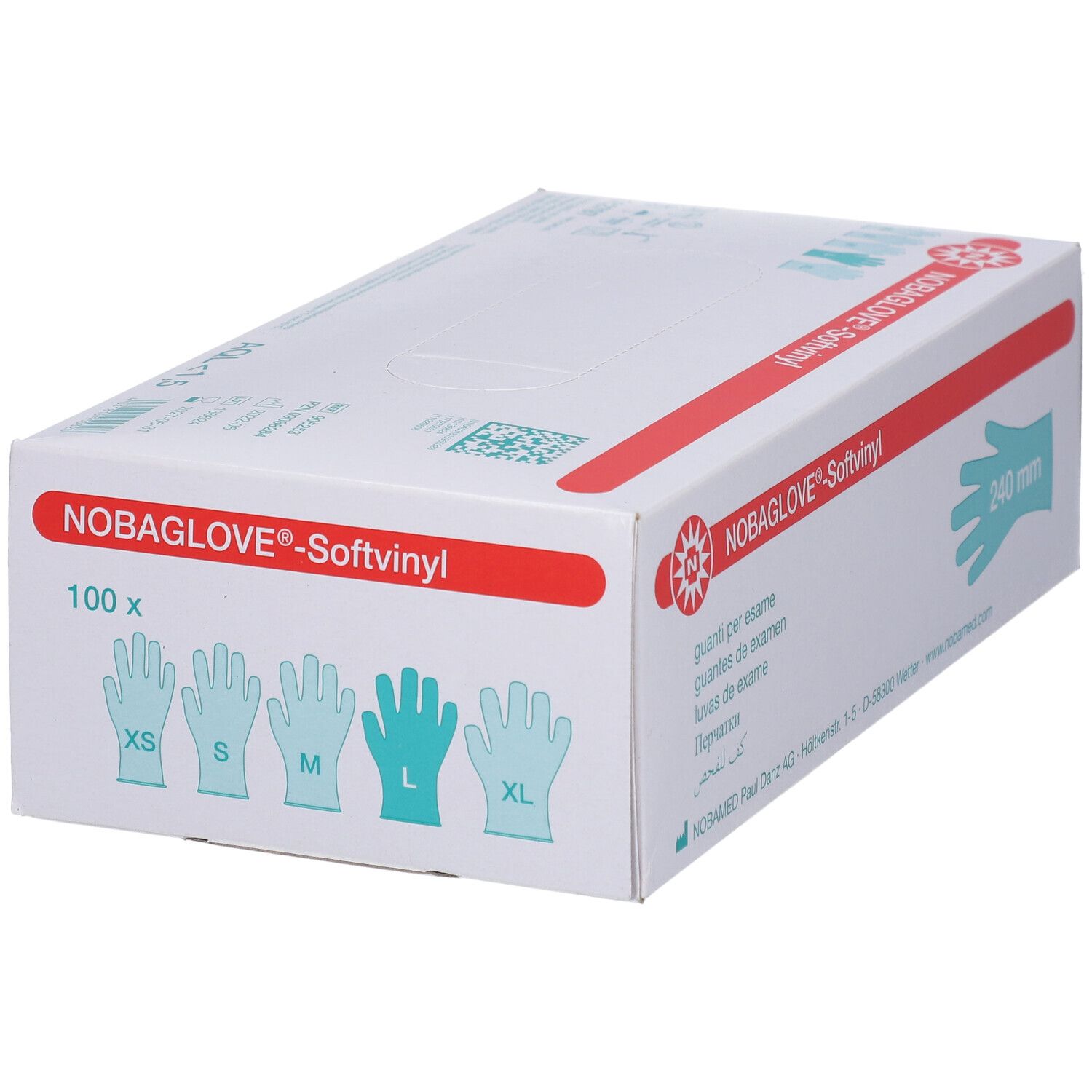 Karton NOBAGLOVE®-Softvinyl, 100 Stück. Handschuh-Größen-Diagramm. AQL 1,5.