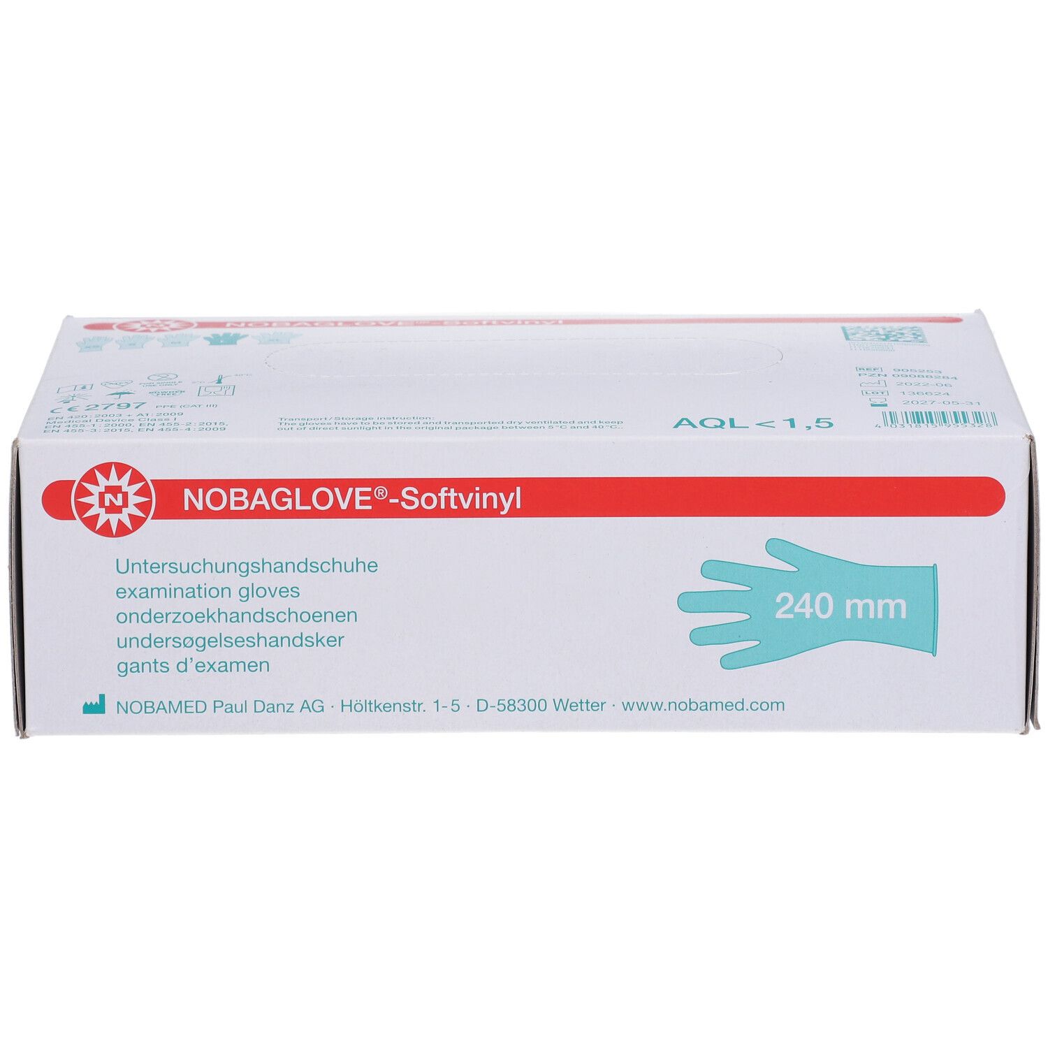 Karton NOBAGLOVE®-Softvinyl Untersuchungshandschuhe. Handschuh-Umriss, 240 mm. AQL 1,5.