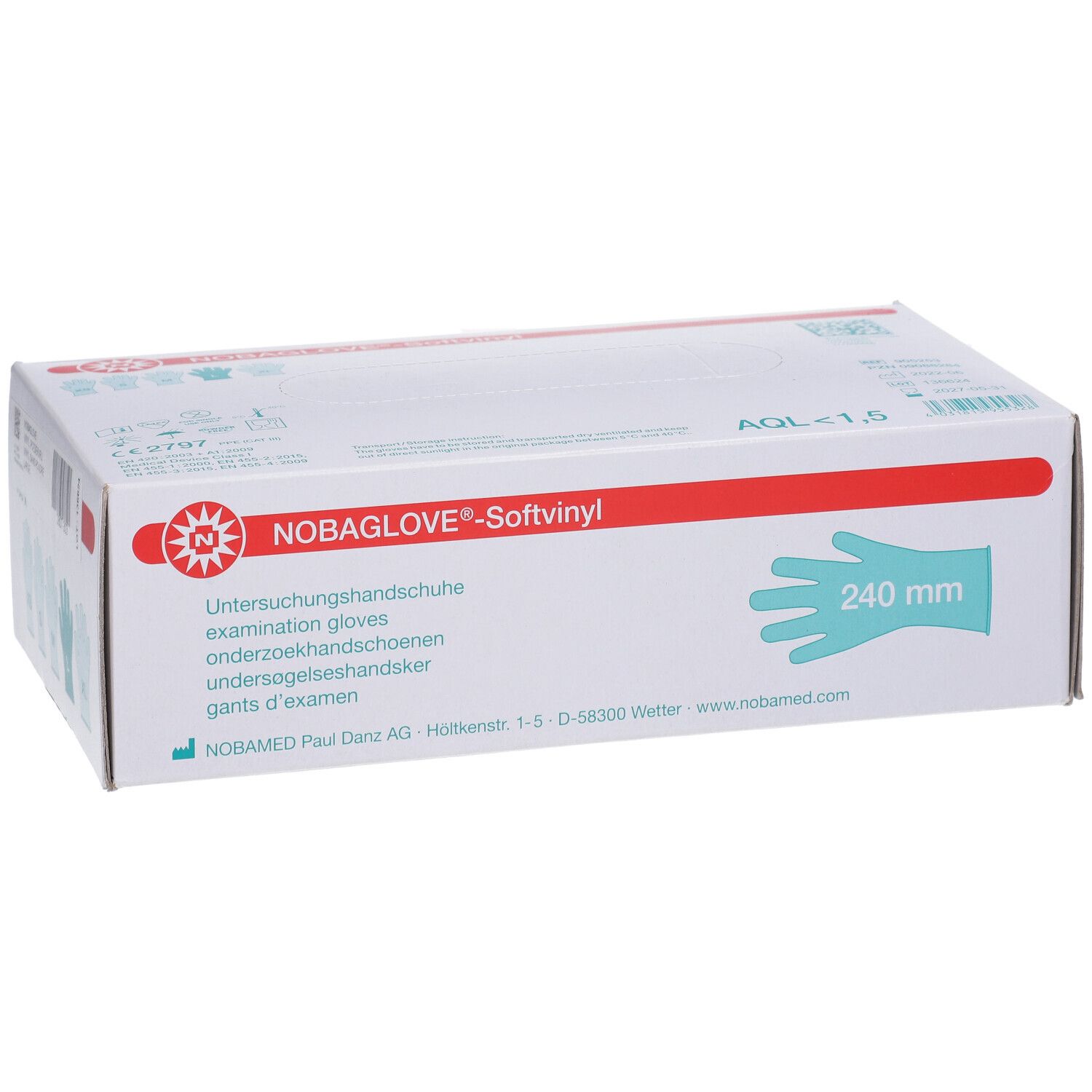 Karton NOBAGLOVE®-Softvinyl Untersuchungshandschuhe. Handschuh-Umriss, 240 mm. AQL 1,5.