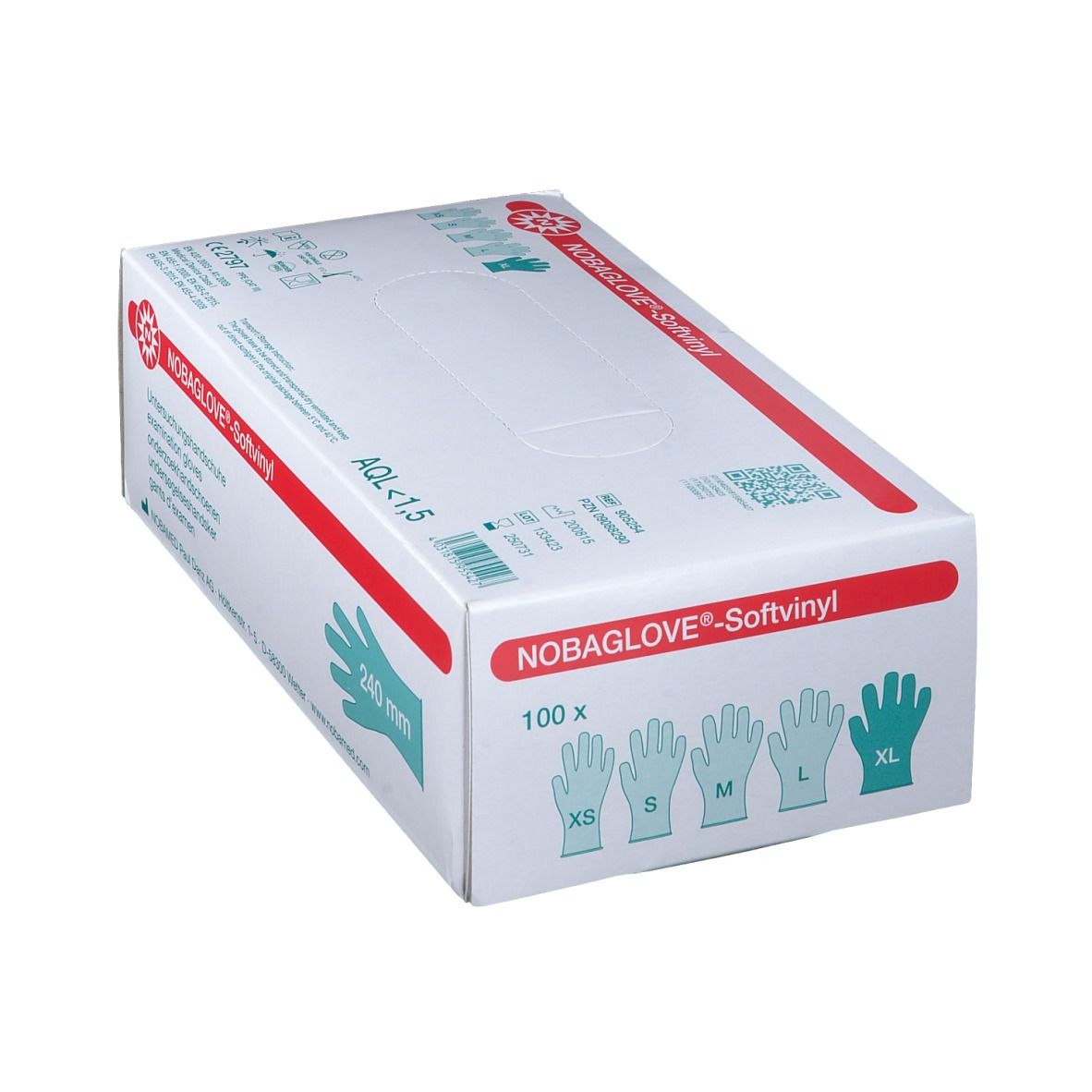 NOBAGLOVE®-Softvinyl Untersuchungshandschuhe, XL, in Verpackung. Größen XS-XL. AQL<1,5. Aufdrucke.
