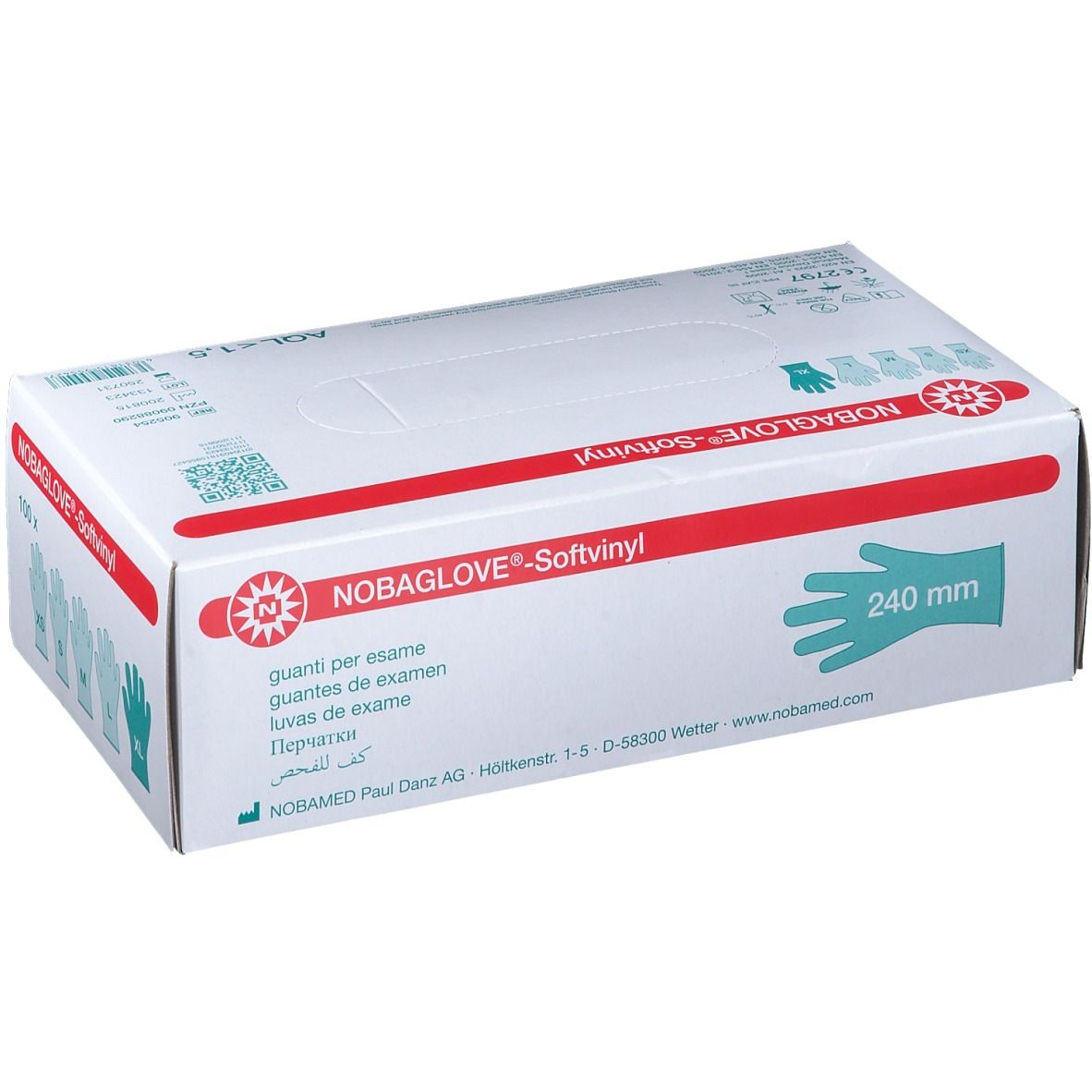 NOBAGLOVE®-Softvinyl Untersuchungshandschuhe, XL, in Verpackung. 240 mm. AQL<1,5. Aufdrucke.