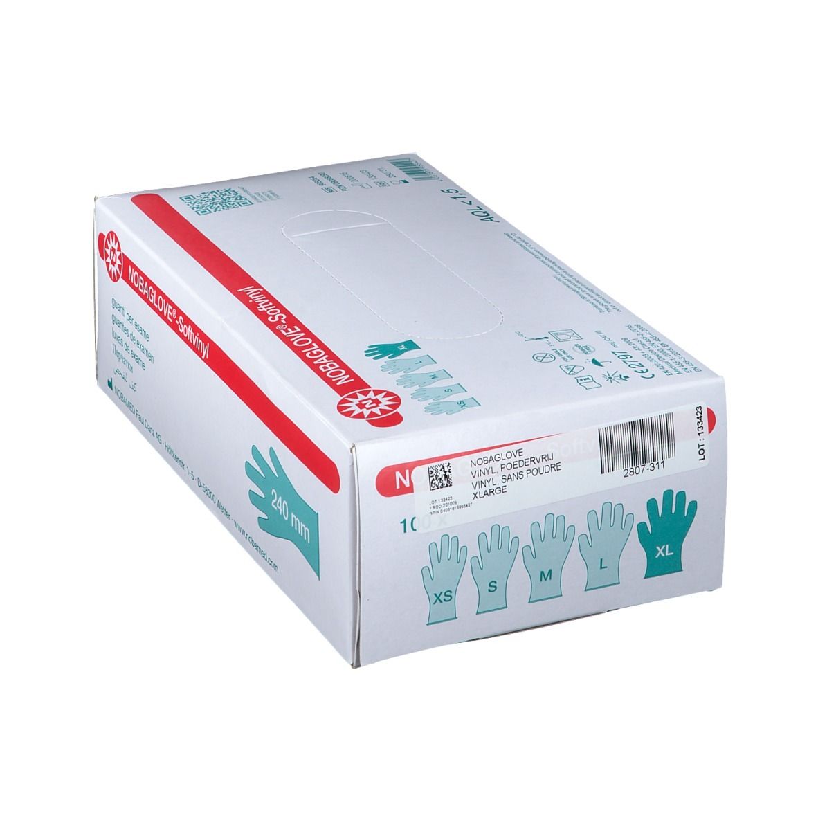 NOBAGLOVE®-Softvinyl Untersuchungshandschuhe, XL, in Verpackung. Größen XS-XL. AQL<1,5. Aufdrucke.