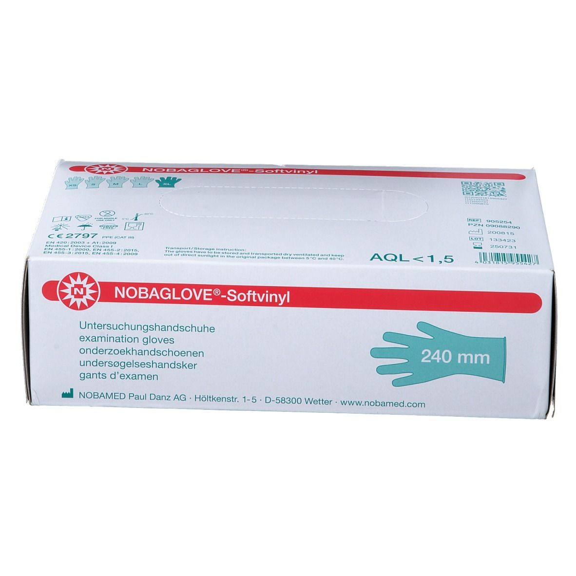 NOBAGLOVE®-Softvinyl Untersuchungshandschuhe, XL, in Verpackung. 240 mm. AQL<1,5. Aufdrucke.