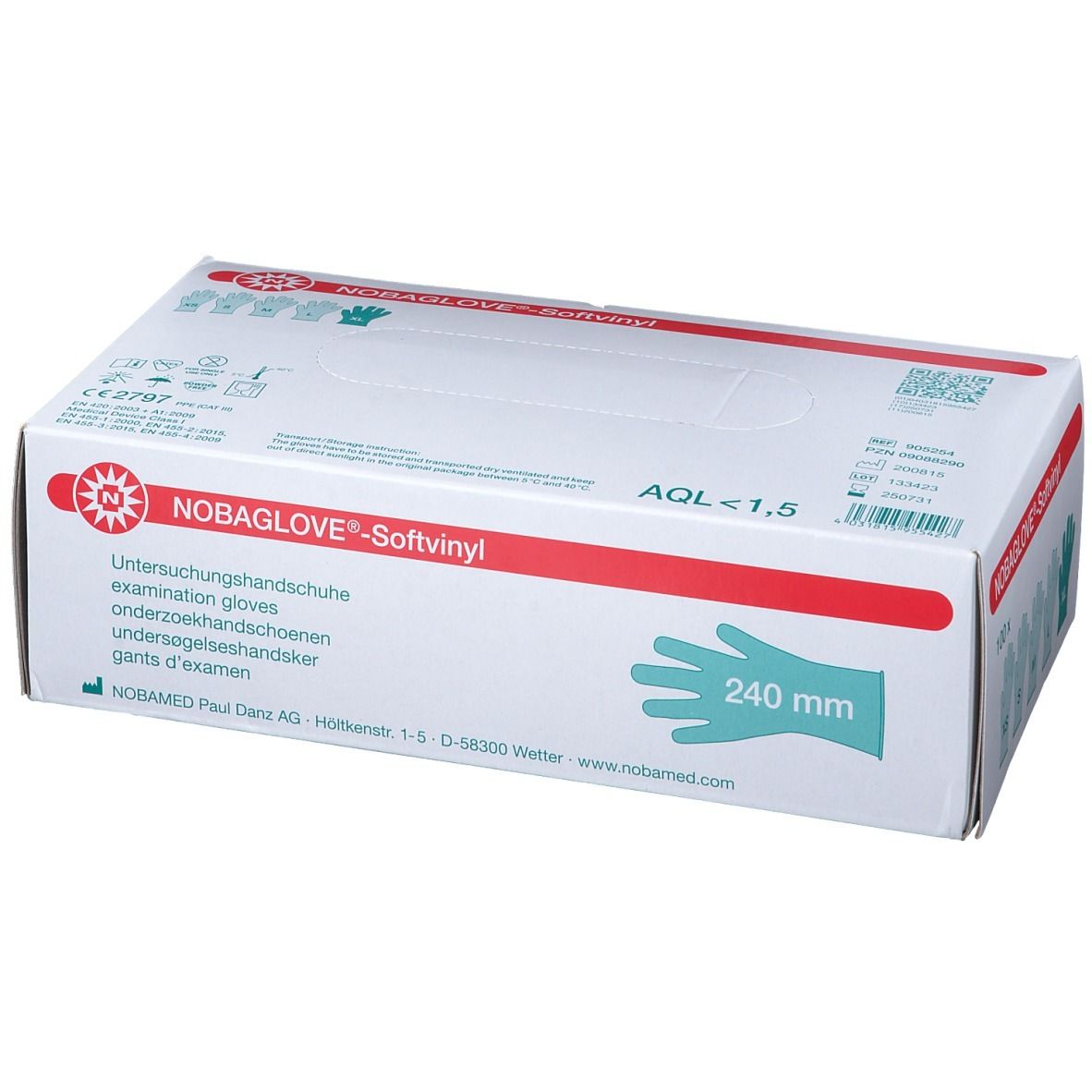 NOBAGLOVE®-Softvinyl Untersuchungshandschuhe, XL, in Verpackung. 240 mm. AQL<1,5. Aufdrucke.