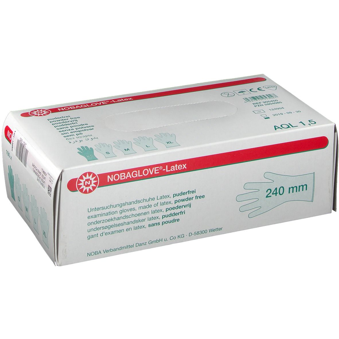 Karton NOBAGLOVE®-Latex, puderfrei. Größen S, M, L, XL. 240 mm. AQL 1,5. Herstellerangaben.