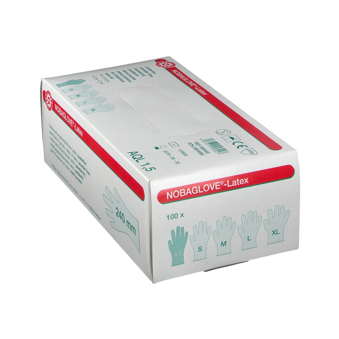 Karton NOBAGLOVE®-Latex, puderfrei. 100 Stück. Größen S, M, L, XL. 240 mm. AQL 1,5. Herstellerangaben.