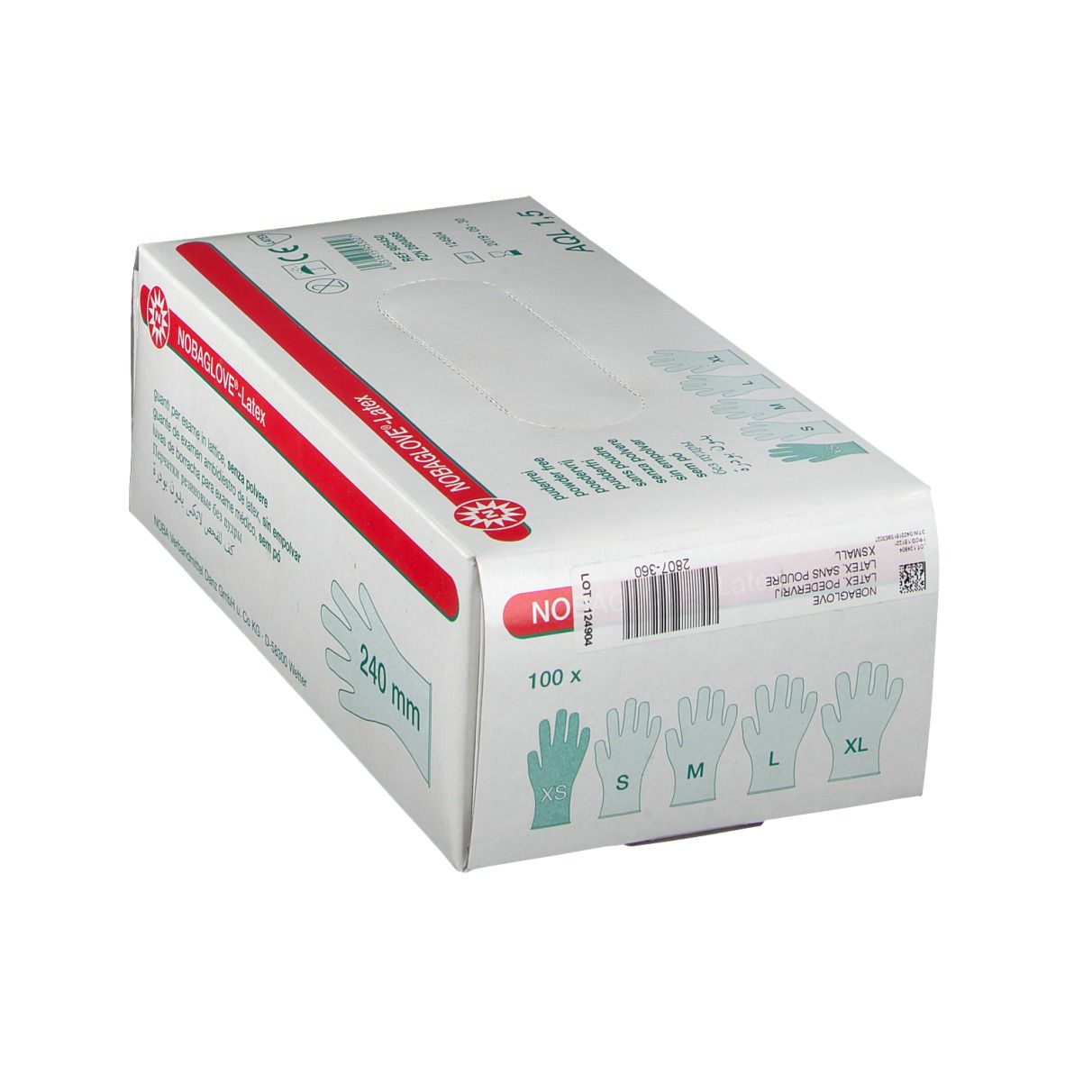Karton NOBAGLOVE®-Latex, puderfrei. 100 Stück. Größen S, M, L, XL. 240 mm. AQL 1,5. Herstellerangaben.