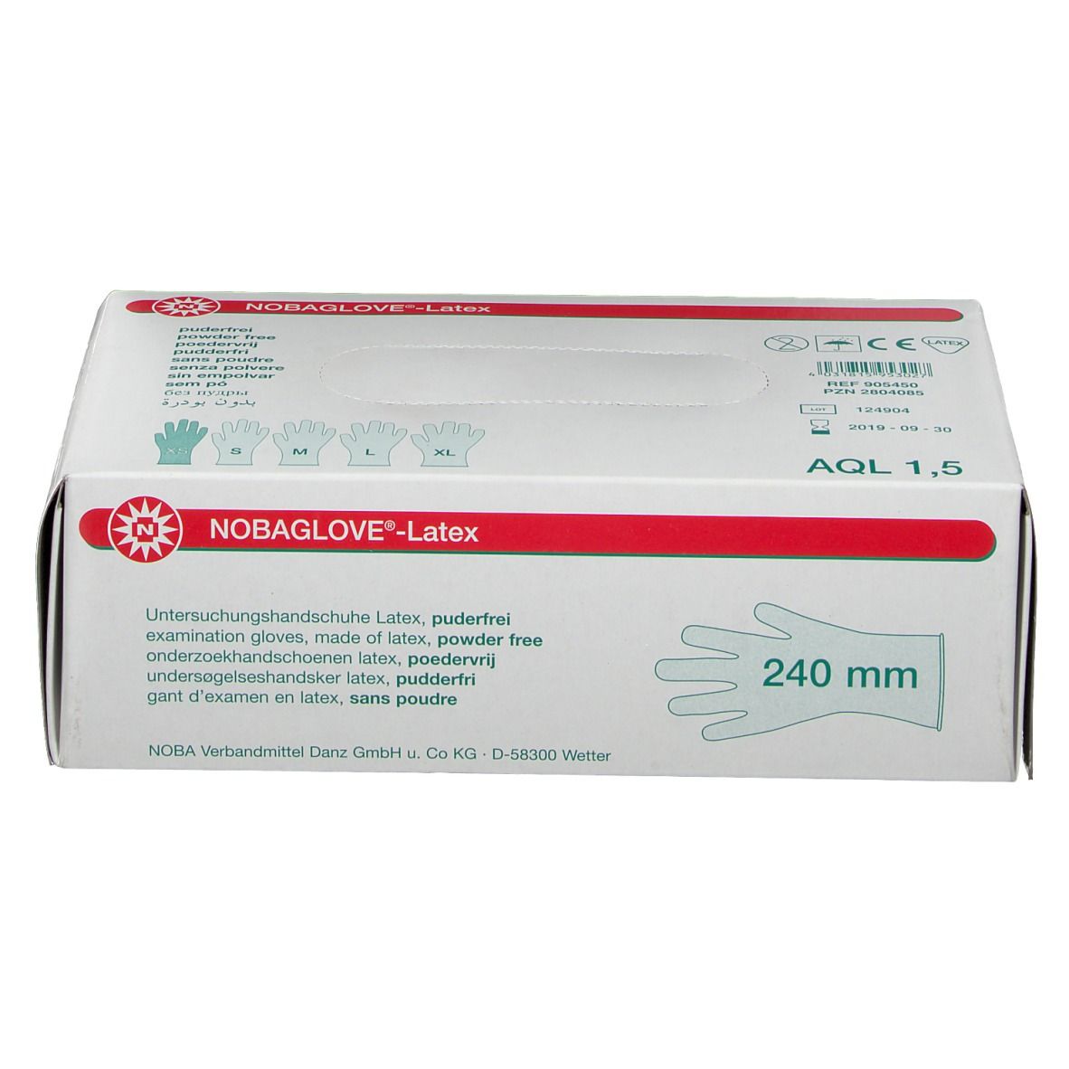 Karton NOBAGLOVE®-Latex, puderfrei. Größen S, M, L, XL. 240 mm. AQL 1,5. Herstellerangaben.