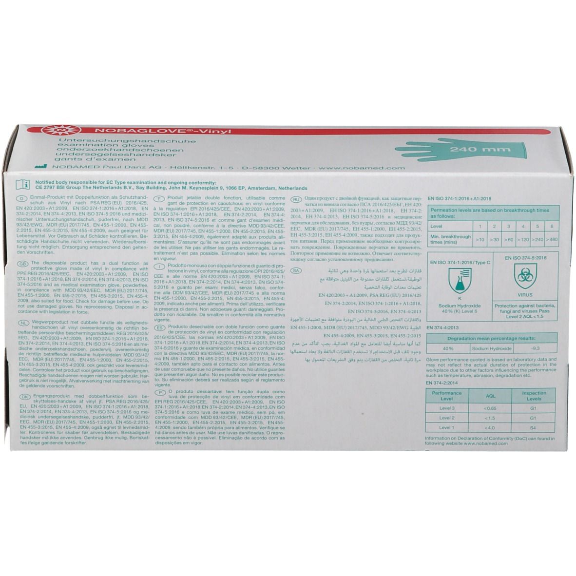 Rückseite der Kartonverpackung von NOBAGLOVE®-Vinyl Handschuhen. Text, Piktogramme und Tabellen.