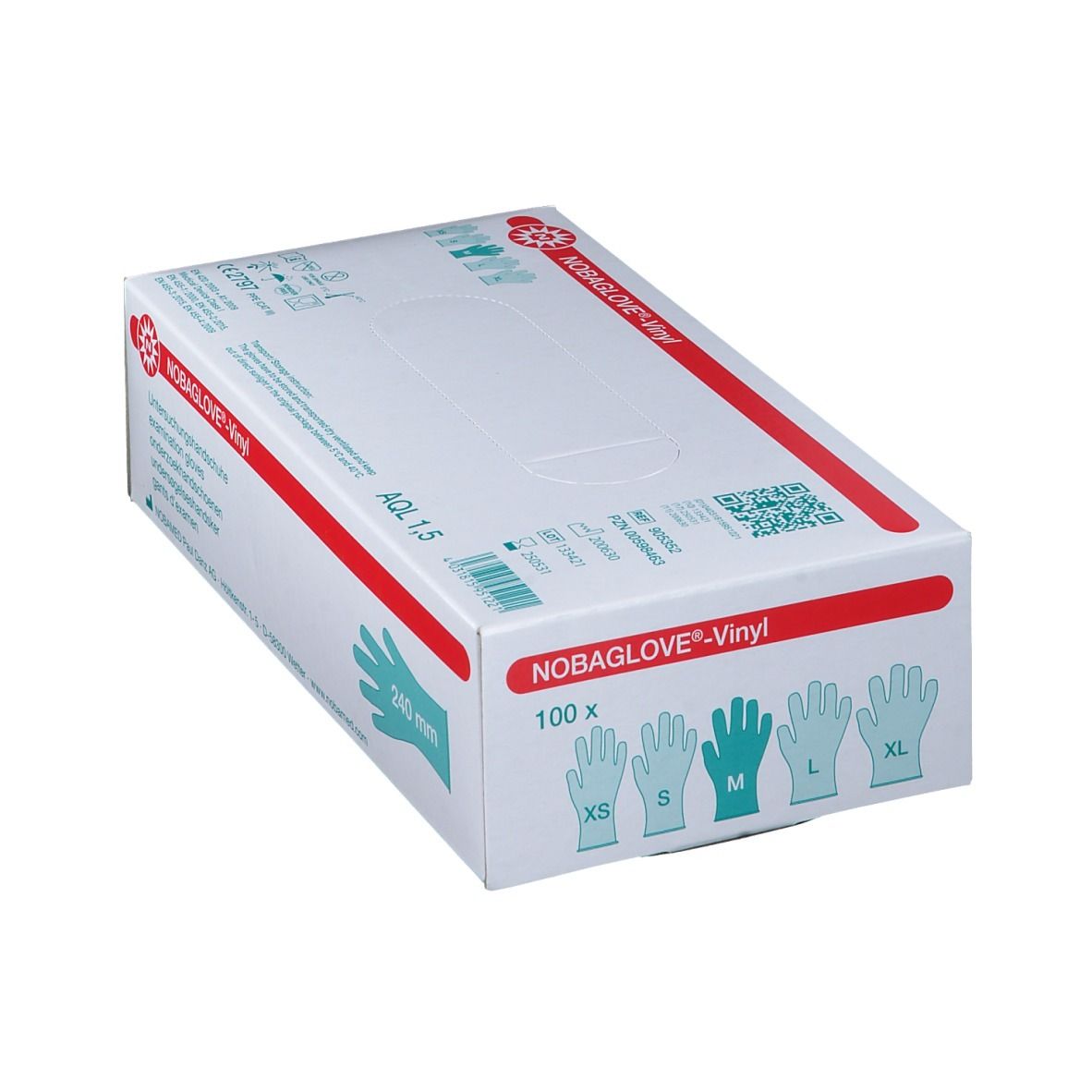 NOBAGLOVE®-Vinyl Untersuchungshandschuhe in Box. Handschuh-Umriss, Größen XS-L, 100 Stück. Text: NOBAGLOVE®-Vinyl, Größen S, M.