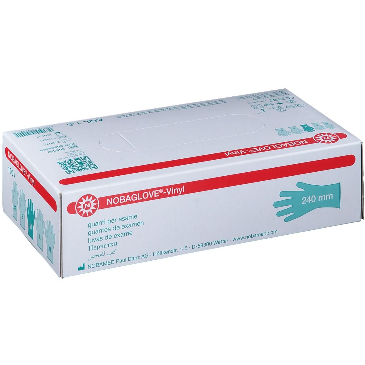NOBAGLOVE®-Vinyl Untersuchungshandschuhe in Box. Handschuh-Umriss, AQL 1.5, 240 mm. Text: NOBAGLOVE®-Vinyl, guanti per esame.