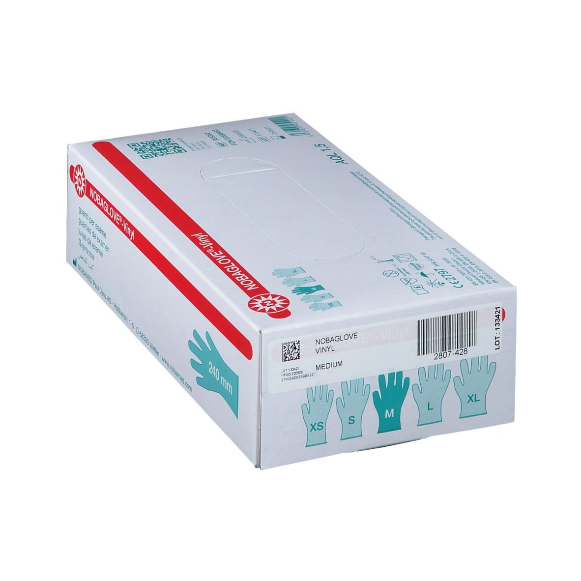 NOBAGLOVE®-Vinyl Untersuchungshandschuhe in Box. Handschuh-Umriss, Größen XS-L. Text: NOBAGLOVE®-Vinyl, Medium.