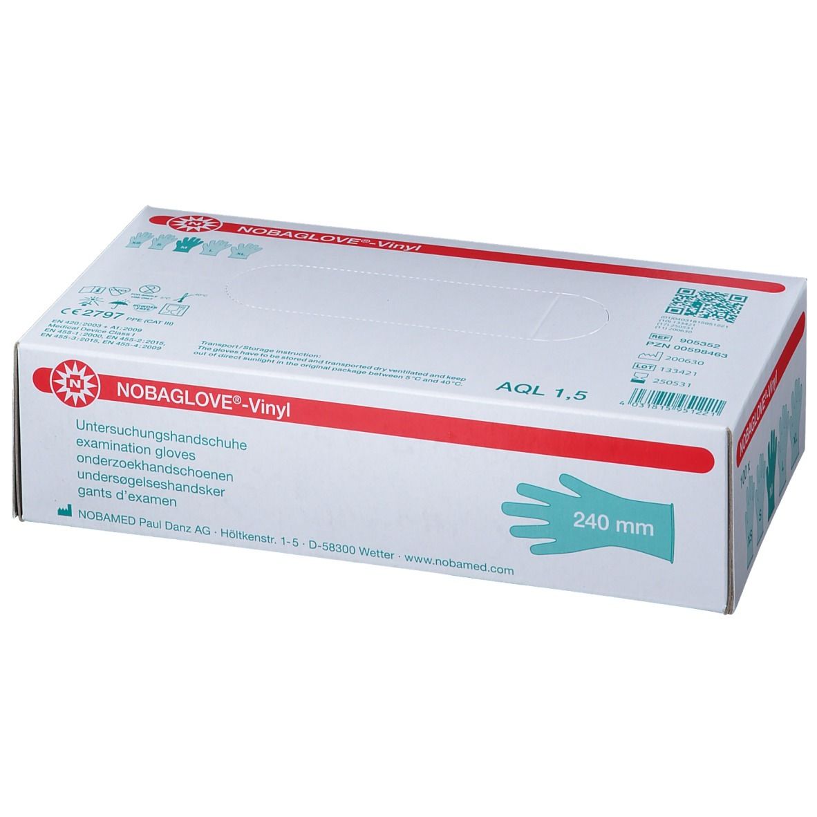 NOBAGLOVE®-Vinyl Untersuchungshandschuhe in Box. Handschuh-Umriss, AQL 1.5, 240 mm. Text: NOBAGLOVE®-Vinyl, Untersuchungshandschuhe.