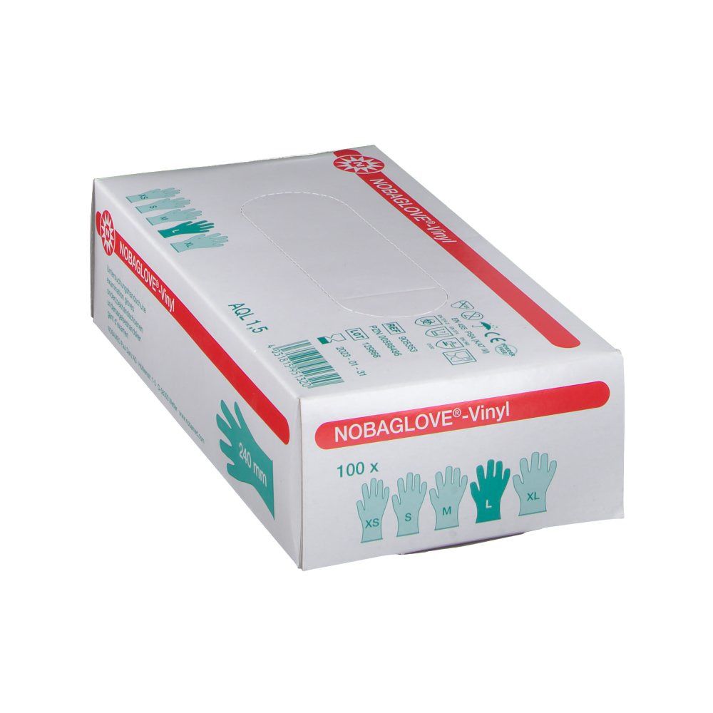 Weiße Box mit roten Akzenten. Aufdruck: NOBAGLOVE®-Vinyl, 100x. Größen XS-XL abgebildet. AQL 1,5. Grüne Hand-Illustration, 240 mm.