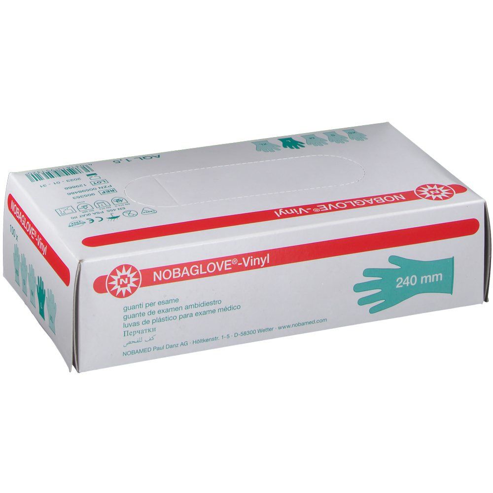 Weiße Box mit roten Akzenten. Aufdruck: NOBAGLOVE®-Vinyl, Untersuchungshandschuhe. Grüne Hand-Illustration, 240 mm. AQL 1,5.