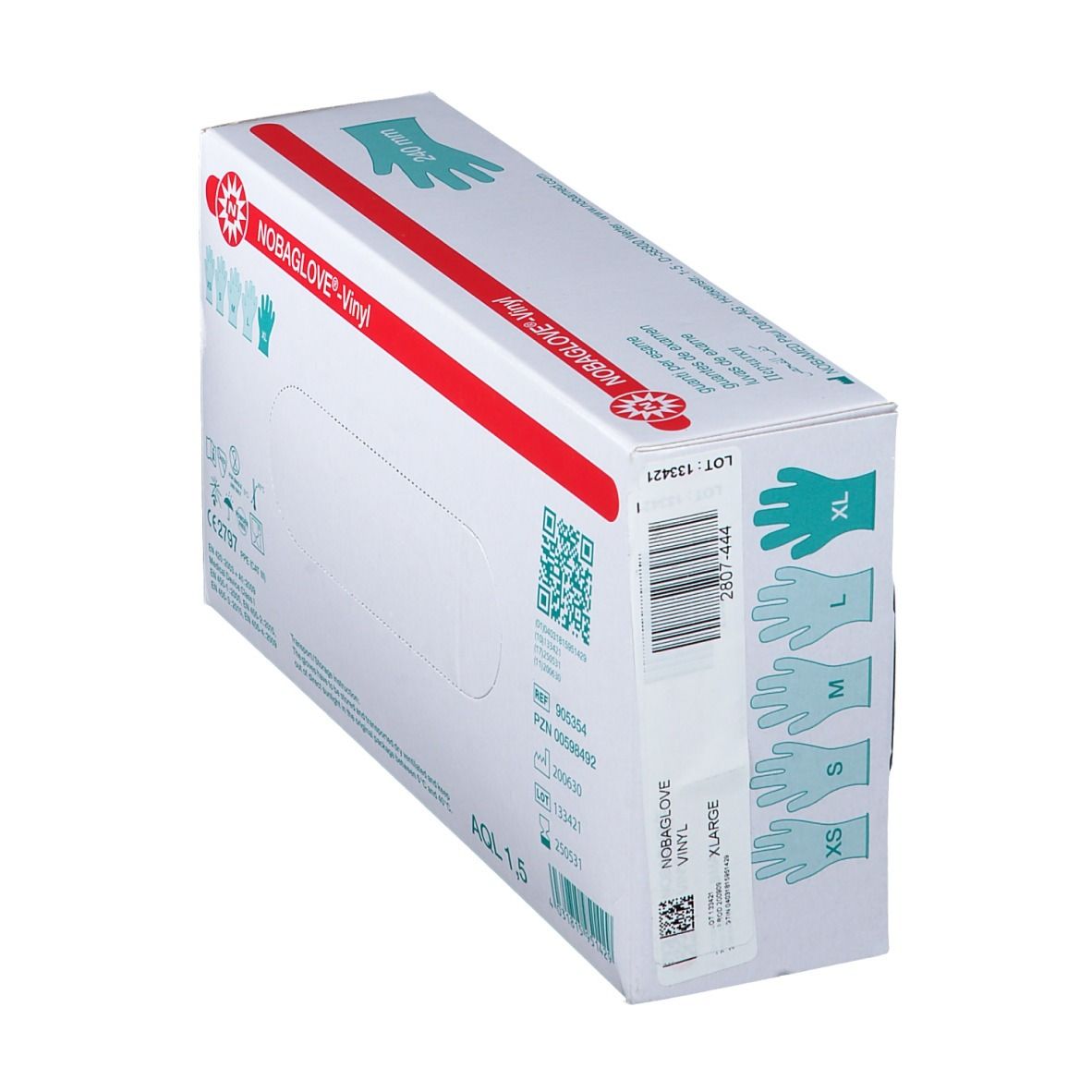 Box NOBAGLOVE®-Vinyl, XL. Größen XS, S, M, L, XL abgebildet. Barcode. Text: 2801-444.