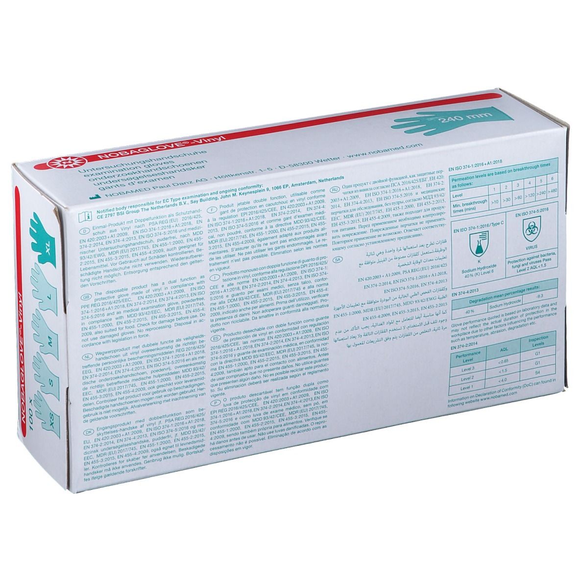 Box NOBAGLOVE®-Vinyl, Untersuchungshandschuhe, XL. Blaue Hand-Illustration. Text: 240 mm.