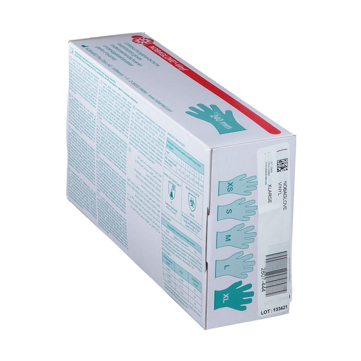 Box NOBAGLOVE®-Vinyl, 100 Stück, Größen XS, S, M, L, XL abgebildet.