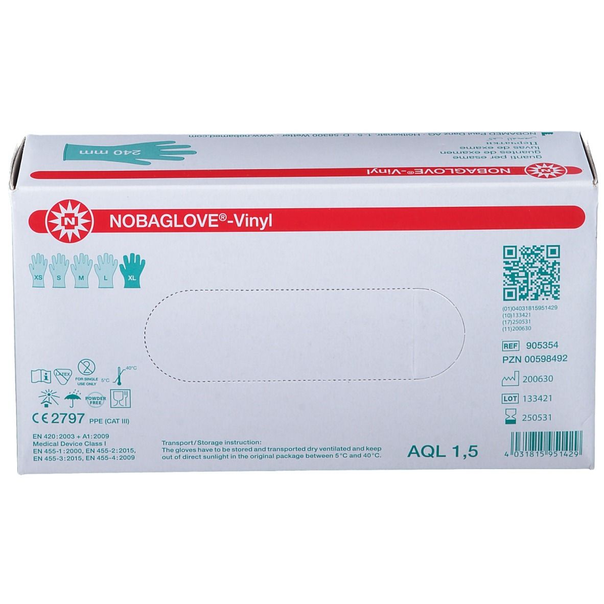 Box NOBAGLOVE®-Vinyl, Untersuchungshandschuhe, XL. Blaue Hand-Illustration. Text: 240 mm.