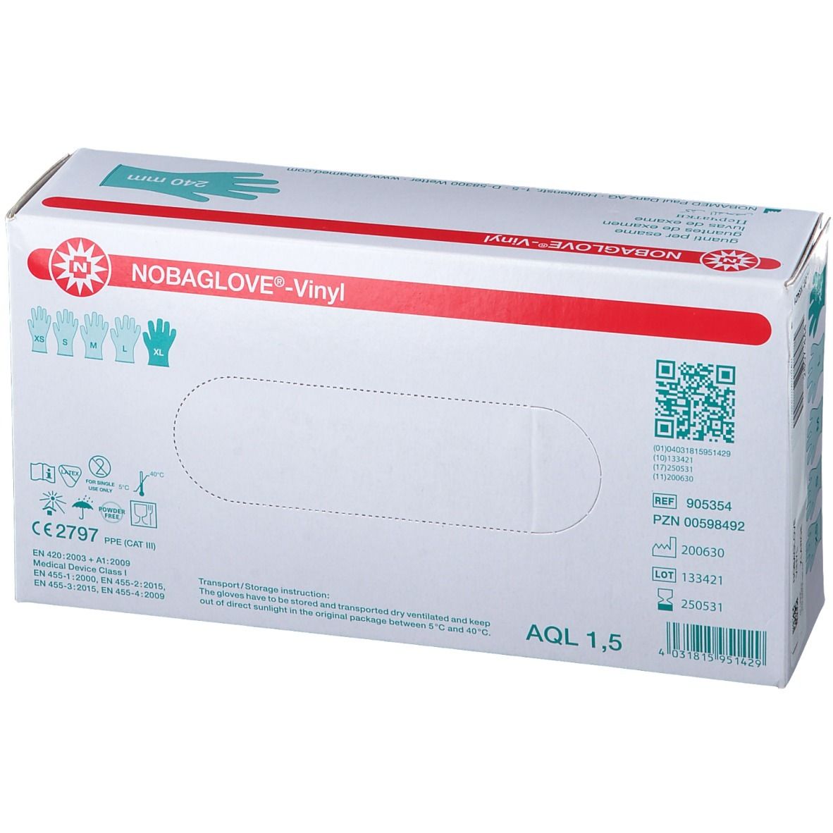 Box NOBAGLOVE®-Vinyl, Untersuchungshandschuhe, XL. Blaue Hand-Illustration. Text: 240 mm.