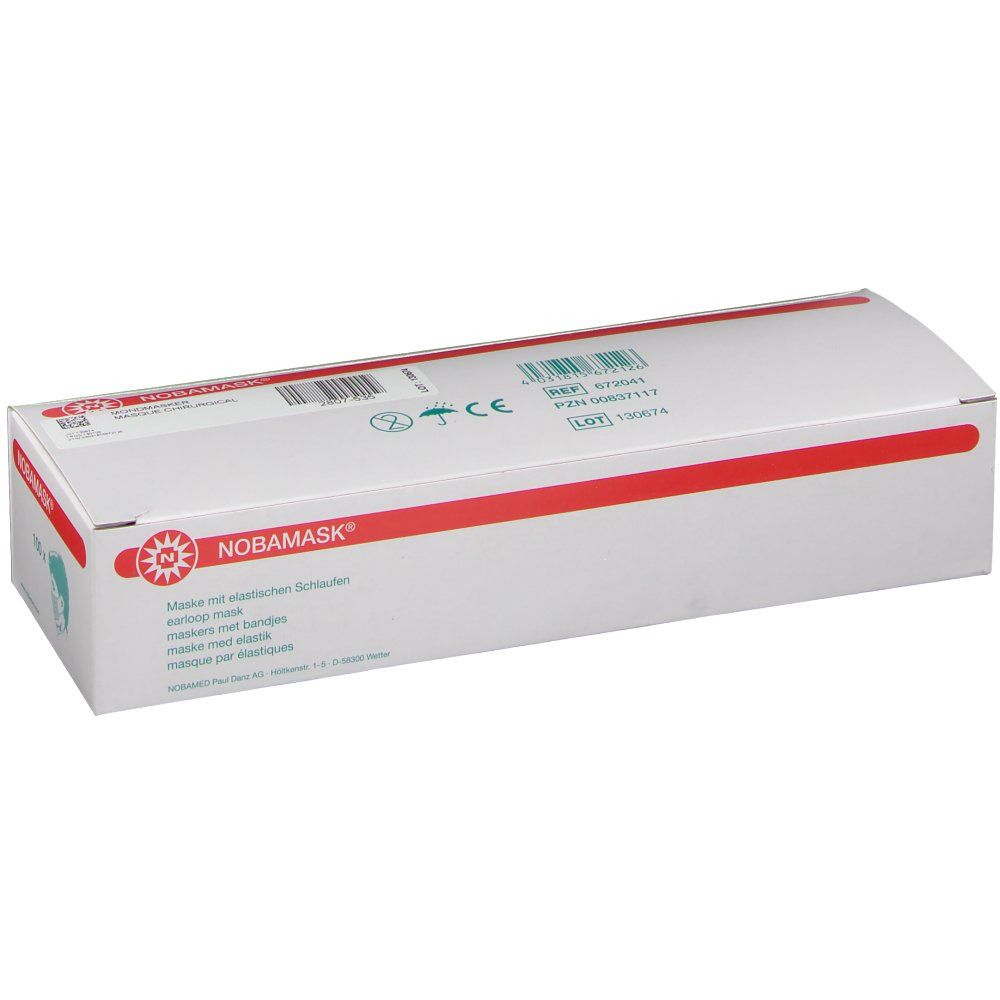 Weiße Verpackung mit roter Linie und NOBAMASK® Logo. Text in mehreren Sprachen. CE-Kennzeichnung.
