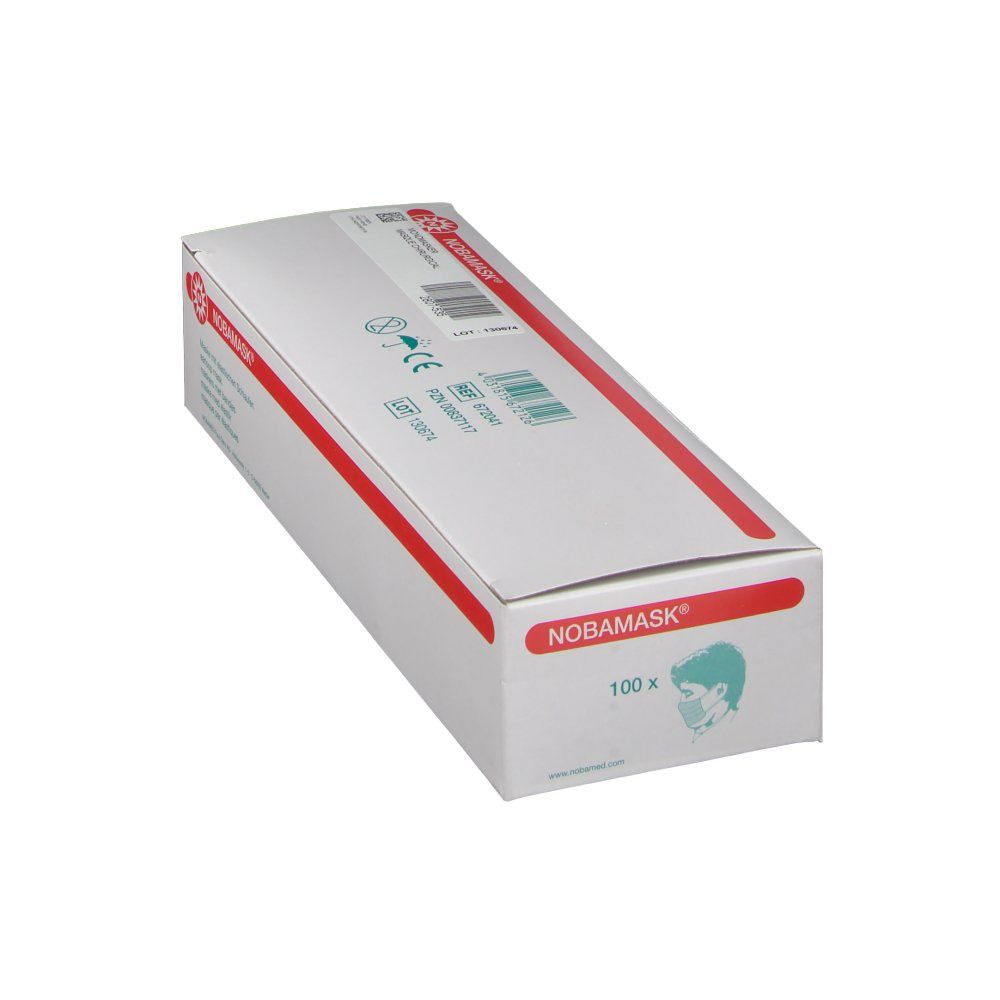 Weiße Verpackung mit roter Linie und NOBAMASK® Logo. Aufdruck '100 x'. CE-Kennzeichnung.