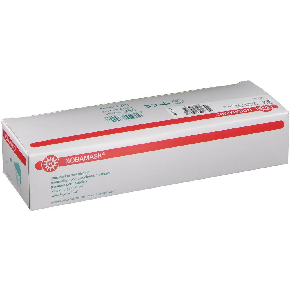 Weiße Verpackung mit roter Linie und NOBAMASK® Logo. Text in mehreren Sprachen. CE-Kennzeichnung.