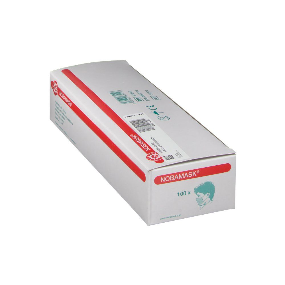 Weiße Verpackung mit roter Linie und NOBAMASK® Logo. Aufdruck '100 x'. CE-Kennzeichnung.