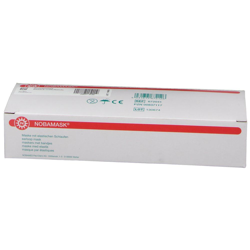 Weiße Verpackung mit roter Linie und NOBAMASK® Logo. Text in mehreren Sprachen. CE-Kennzeichnung.