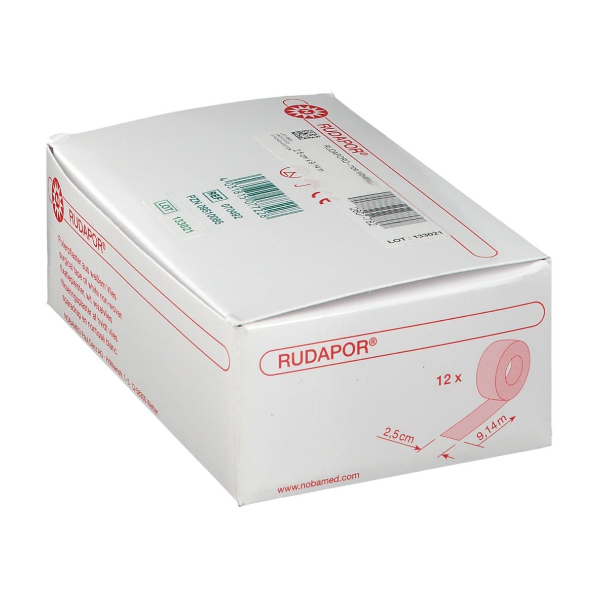 Weiße Verpackung mit RUDAPOR®-Logo. Enthält 12 Rollen. Maße: 2,5 cm x 9,14 m. CE-Kennzeichnung.