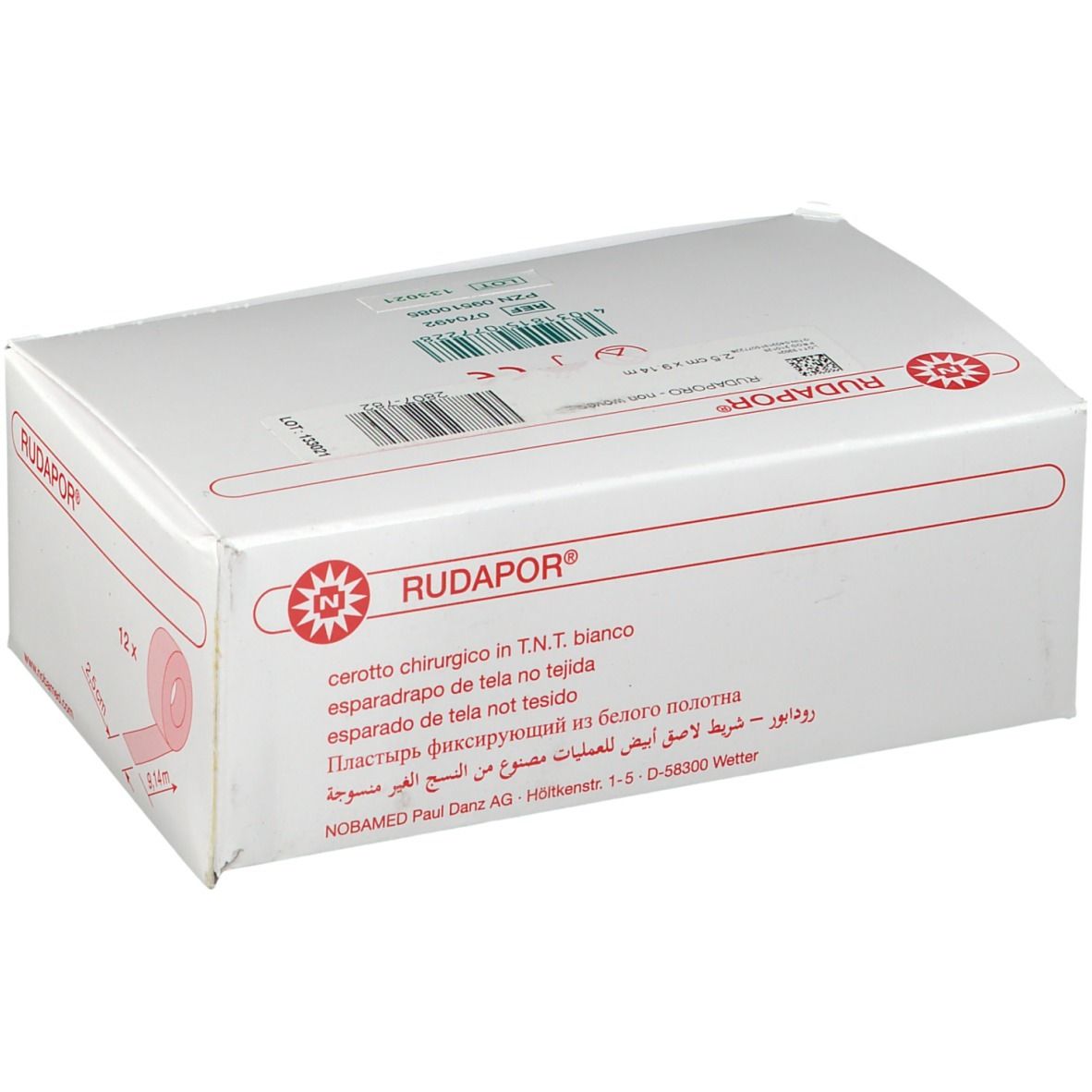 Weiße Verpackung mit RUDAPOR®-Logo. Text: cerotto chirurgico in T.N.T. bianco. CE-Kennzeichnung.