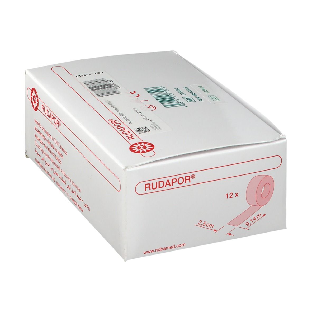 Weiße Verpackung mit RUDAPOR®-Logo. Enthält 12 Rollen. Maße: 2,5 cm x 9,14 m. CE-Kennzeichnung.