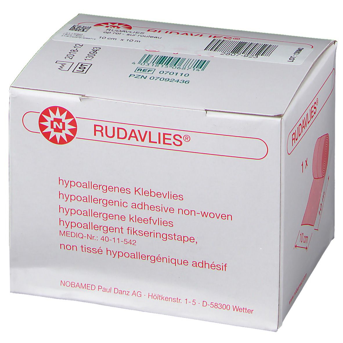 Boîte blanche avec texte rouge. Inscription: RUDAVLIES®, Klebevlies hypoallergénique. Illustration du produit et indication de taille.