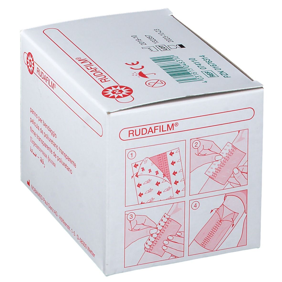 Boîte de RUDAFILM® film de pansement. Illustrations d'application. Nom du produit et marquage CE.